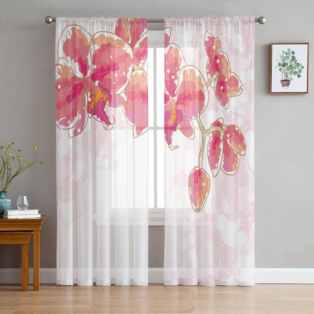 Transparentes Tüllvorhang Super Six mit Aquarellmalerei Dämmerung und floralem Design, Farbe Pink, Breite: 135 cm, Höhe: 114 cm - Bild 1