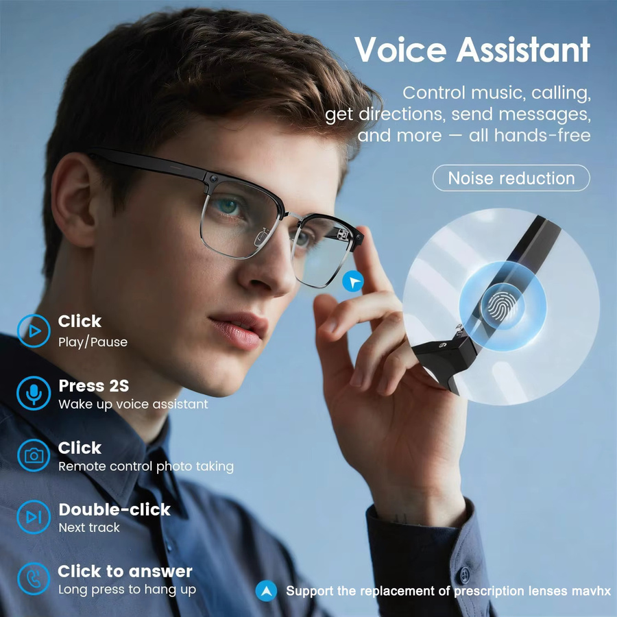 GUHUAVMI Smart-Brille mit 1080P Kamera, KI-Fotoerkennung, Bluetooth-Anrufe und Sprachübersetzung, Schwarz, Unisex - Bild 3