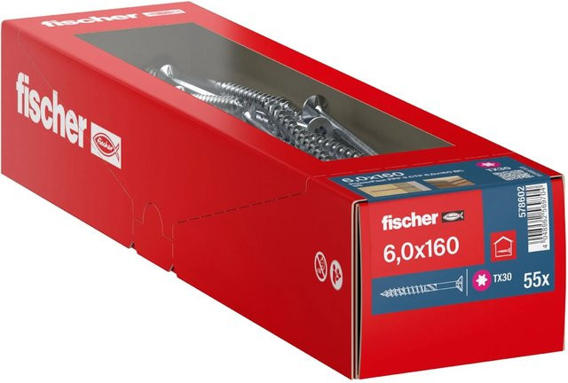 Fischer PowerFast II Holzschraube mit Torx-Antrieb, verzinkt, Farbe: Blau/Silber, Durchmesser: 6 mm, Länge: 160 mm, 55 Stück - Bild 1