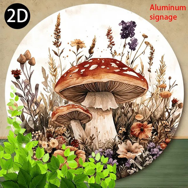 Potdemiel Vintage Wandkunst Pilzwald Rundes Aluminiumschild mit Blumen in Braun und Weiß Durchmesser: 20 cm - Bild 1