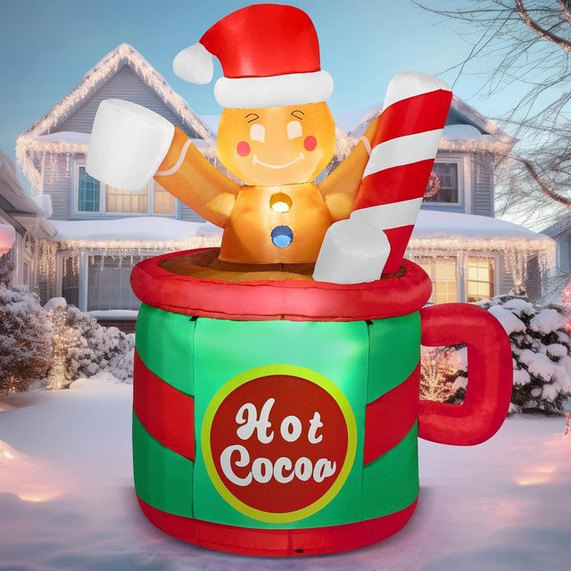 Aufblasbarer Lebkuchenmann in einer heißen Kakao-Tasse mit LEDs von Discover Intime, Weihnachtsdekoration für den Garten, Höhe: 1,8 m - Bild 1