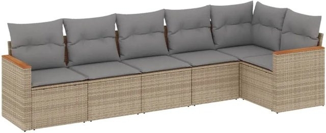 vidaXL 6-tlg Garten-Sofagarnitur in L-Form aus Poly-Rattan und Akazienholz mit Kissen, Beige - Bild 1