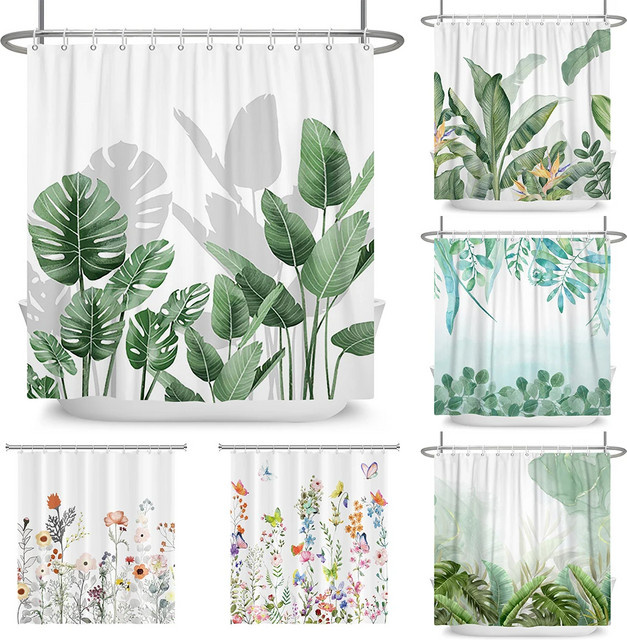 VIKAMA Duschvorhang Tropische Pflanze, wasserdicht und waschbar, Floral Design, Mehrfarbig, B: 180 cm x H: 180 cm - Bild 1