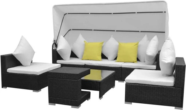 vidaXL 7-teiliges Garten-Lounge-Set in L-Form mit Sonnendach und Polstern, Poly Rattan und Metall, Schwarz - Bild 1