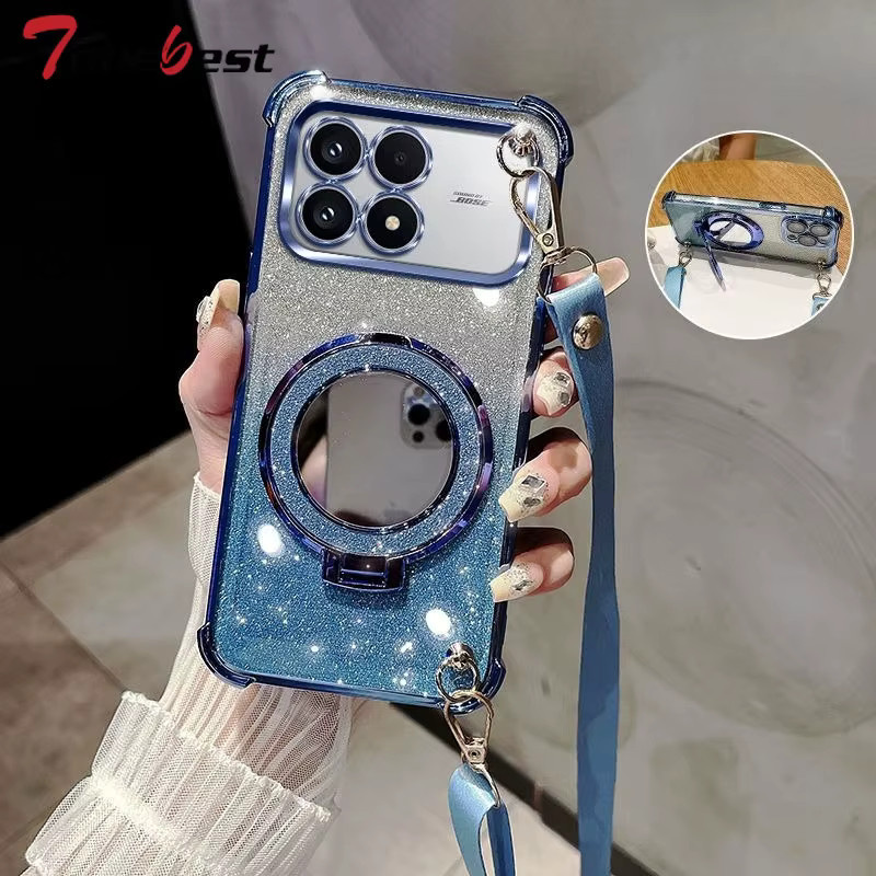 Glitzernde Silikon Handyhülle mit Crossbody Lanyard und Spiegel für Xiaomi Poco F8, F7 Ultra und F6 Pro in Lila - Bild 2