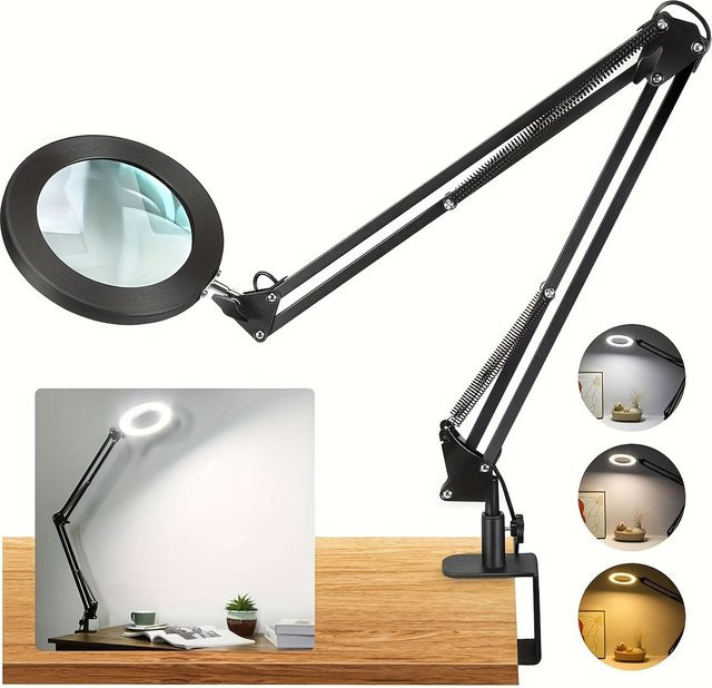 LED Tischlupe mit 10-facher Vergrößerung und Glaslinse, Schwarz, stufenlos dimmbar mit 3 Farbmodi und Ständer - Bild 1