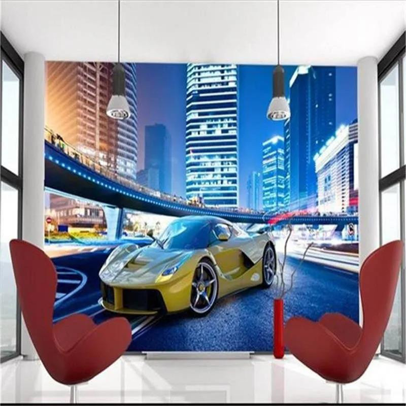 KOMNNI 3D Wandbild Stadt Nachtlandschaft mit gelbem Auto, moderne Tapete aus Seidenmaterial, B: 200 cm, H: 140 cm - Bild 5