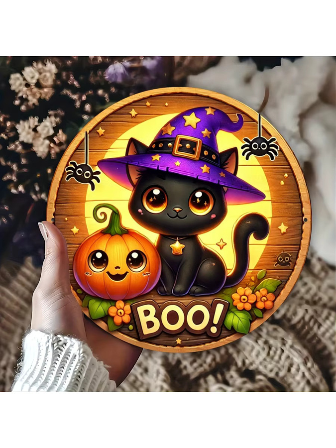 Potdemiel Halloween-Schild mit schwarzer Katze, rundes Aluminium-Dekor für Wand und Tür, Durchmesser: 20 cm - Bild 7