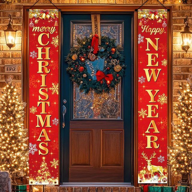 VIKAMA Neujahrs-Banner Happy Door mit Rentier-Motiv in Rot, Weihnachts-Hängeflagge aus Polyester, B/H: 30 x 180 cm - Bild 1