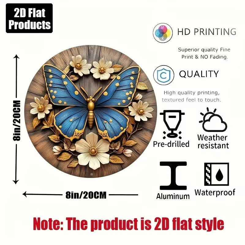 HELLOYOUNG Vintage Schmetterling Wandschild aus Metall in Blau, Runde Aluminium-Zinn Wanddekoration mit floralem Motiv, Durchmesser: 20,32 cm - Bild 2