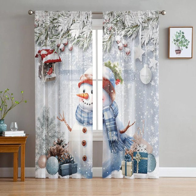 Transparente Weihnachts-Vorhänge mit Schneeflocken und Schneemann Motiv in Grau, B: 135 cm, H: 115 cm - Bild 1