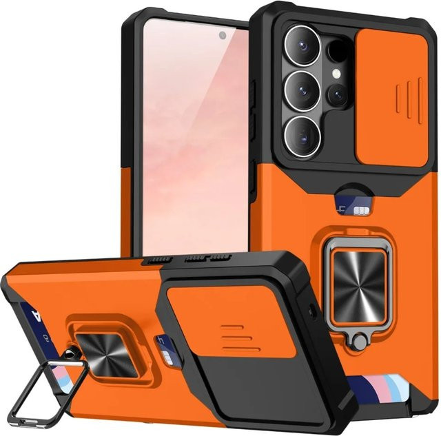 Samsung Handyhülle mit Kartenfach, Ringhalter und Schiebe-Kameraabdeckung in Orange für Android Smartphones - Bild 1