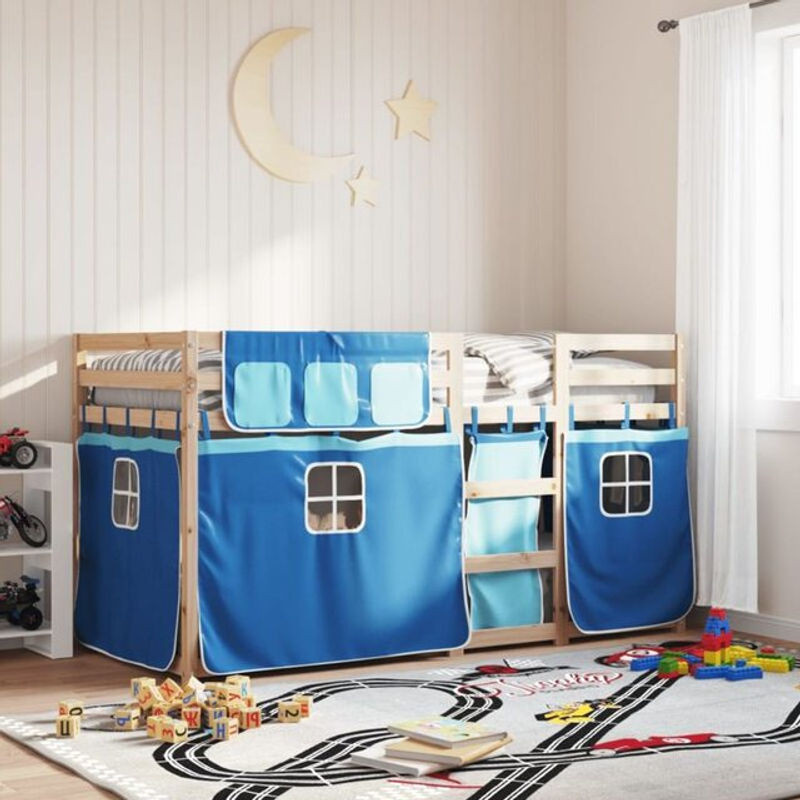 vidaxl Etagenbett aus Massivholz Kiefer mit Vorhängen in Blau, B/T/H: 190 x 90 x 112 cm - Bild 1