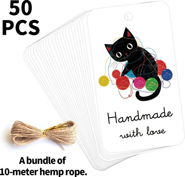 50 Stück Geschenkkarten Handmade With Love mit schwarzem Katzenwollknäuelmuster in Schwarz und Weiß aus Papier - Bild 1