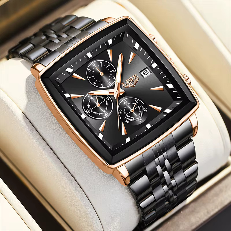 LIGE Armbanduhr, Quarz, Edelstahl, Eckig, Schwarz, Herren - Bild 5