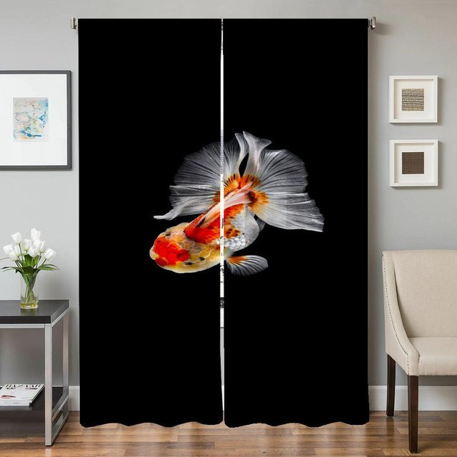 2er-Set semi-transparente Küchenvorhänge mit Goldfisch-Motiv in Schwarz, Breite: 50 cm, Höhe: 70 cm - Bild 1
