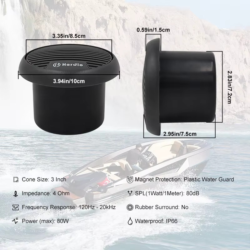 Herdio 3 Zoll Marine-Lautsprecher, wasserdichtes 2-Wege-Vollbereichs-Audio-Stereosystem mit 140 W Leistung in Schwarz oder Grau für Boot und Auto - Bild 4