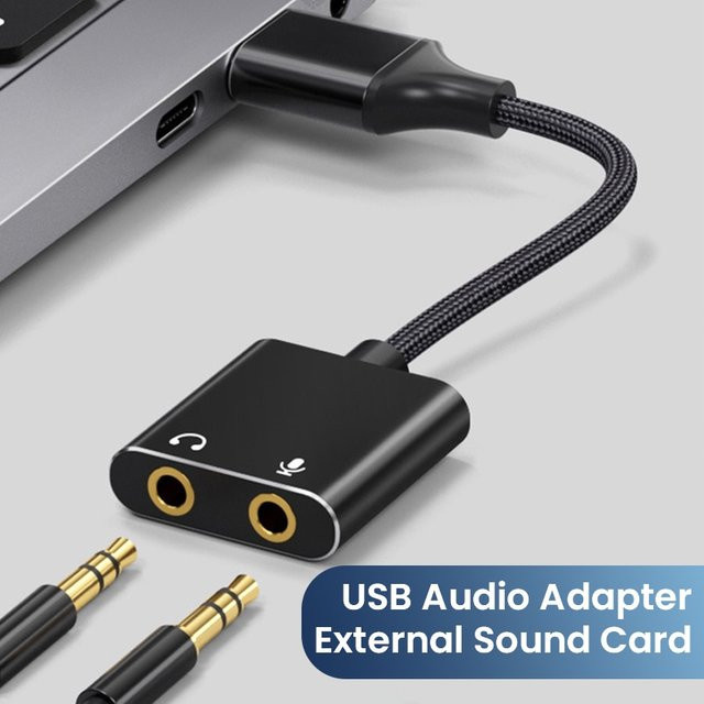 Externer USB-Audio-Adapter mit geflochtenem Kabel für Windows und Mac, USB-A auf 3,5-mm-Kopfhörer- und Mikrofonbuchse, Schwarz - Bild 1