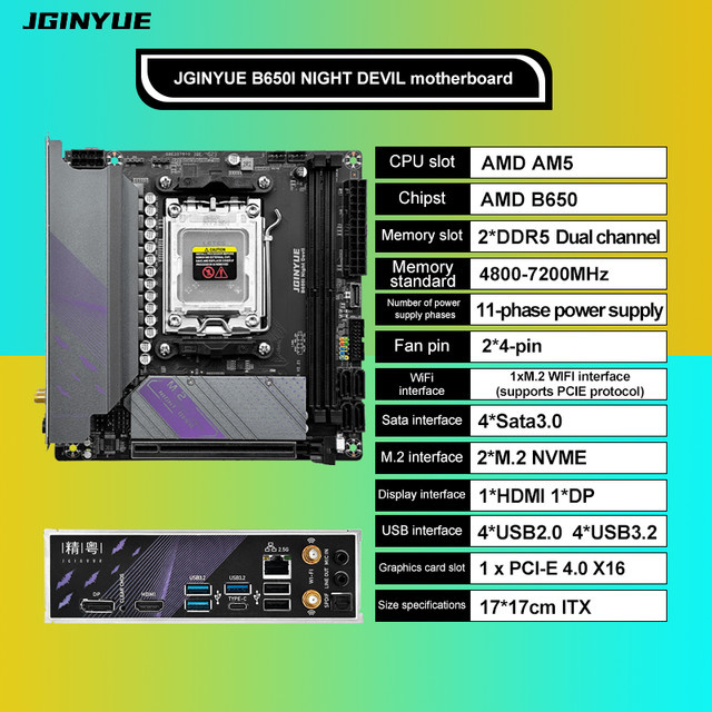 JGINYUE AM5 B650i Night Devil ITX Motherboard für AMD Ryzen 7000 Serie, DDR5 Dual-Channel, Schwarz - Bild 1