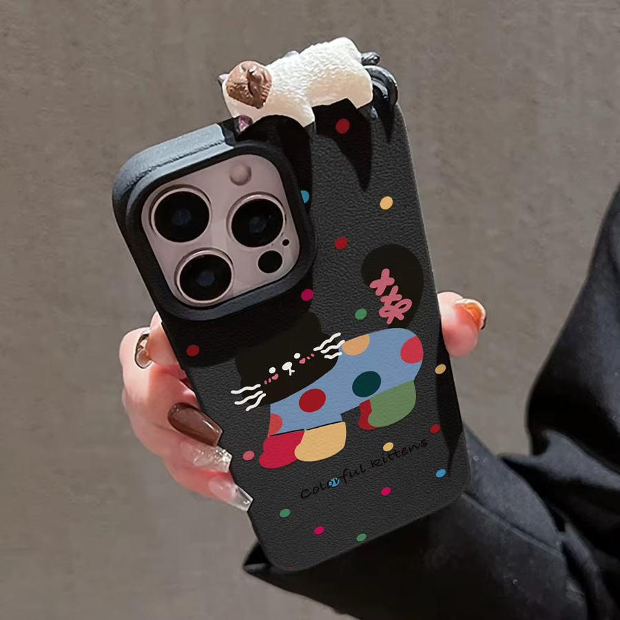 Stoßfeste iPhone Schutzhülle mit 3D-Katzen-Lychee-Muster in Multicolour - Bild 2