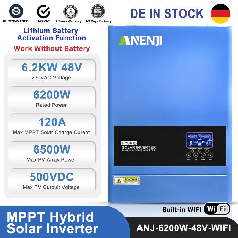 ANENJI Hybrid-Solarwechselrichter On-Grid Off-Grid 6,2KW mit MPPT Laderegler, Reine Sinuswelle, Farbe: Blau - Bild 2