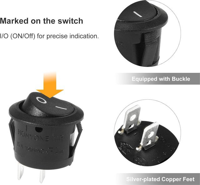 AOKIN 10er Set Snap-in Runde Wippschalter SPST Mini Kippschalter 2 Pin 2 Position Schwarz 10A/125V 6A/250V - Bild 1