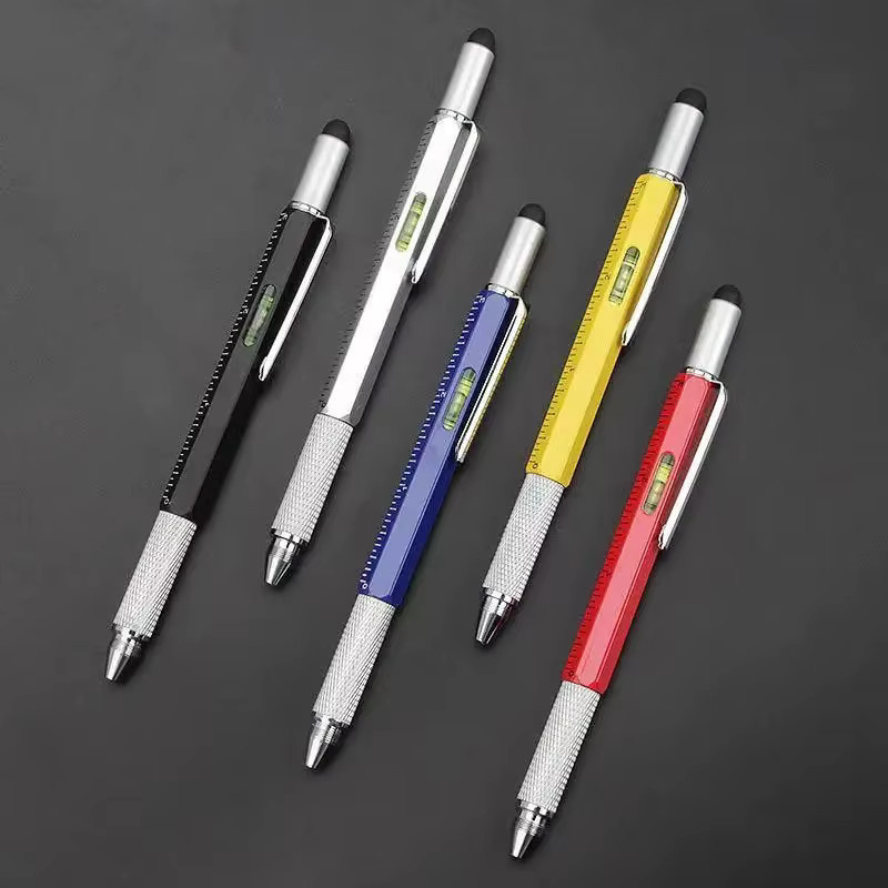 7-in-1 Multifunktions-Kugelschreiber aus Metall mit Lineal, Stylus, Schraubendreher und Wasserwaage in Schwarz und Multicolour - Bild 3