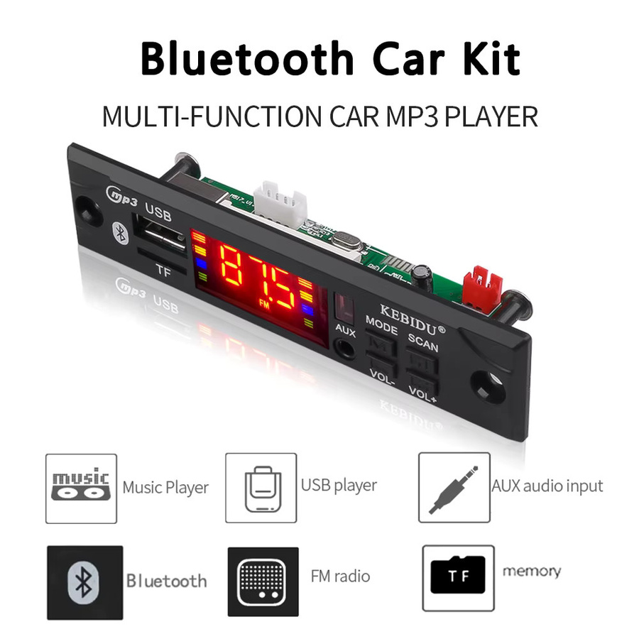 Kebidu Bluetooth 5.0 MP3 Player Modul DC 12V mit USB, TF, FM Radio und 3,5mm AUX in Schwarz - Bild 2