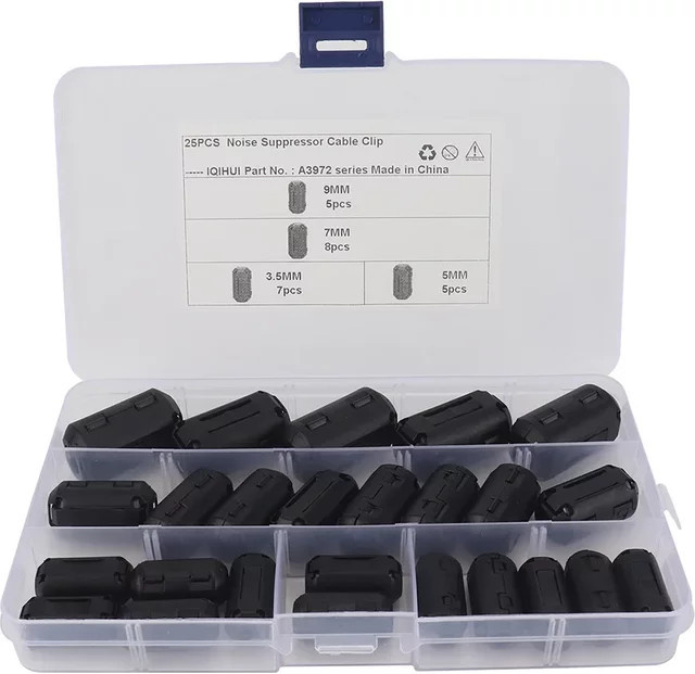 25 Stück Ferritkern-Ringe als Kabelverbinder-Klemmen zur RFI- und EMI-Filterung in Schwarz, Durchmesser: 3,5 mm, 5 mm, 7 mm und 9 mm - Bild 1