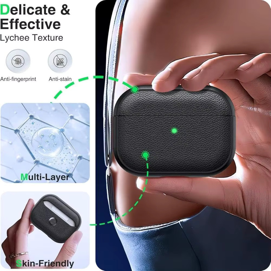 Schutzhülle für Apple AirPods Pro 3, Pro 2 und AirPods 4 in Lederstruktur aus TPU mit Schlüsselanhänger und Trageband, Farben: Weiß oder Schwarz - Bild 2