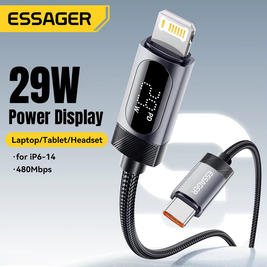 Essager USB-C-Kabel mit Digitalanzeige für PD 29 W Schnellladung, kompatibel mit iPhone 14 13 12 11 Pro Max, iPad und MacBook, in Schwarz oder Grau - Bild 2