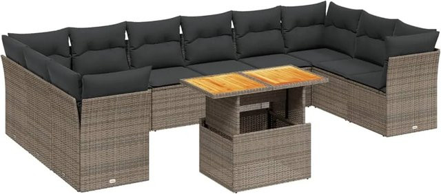vidaXL 11-teilige Garten-Sofagarnitur aus Polyrattan in Grau mit Kissen und Tisch in L-Form - Bild 1