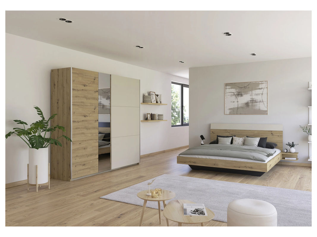 RAUCH BLUE Monza Bettanlage Set mit Schwebetürenschrank und Nachttischen, Eiche Artisan/Beige, B: 522 cm, H: 210 cm - Bild 2