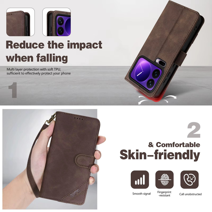 Flip-PU-Lederhülle für Xiaomi 17 15 15T Pro Max Promax Ultra in Braun mit Kartenfächern, Ständer und Handschlaufe - Bild 2