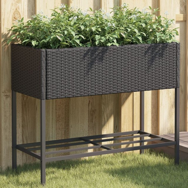 vidaXL Pflanzkübel mit Ablage aus PE-Rattan und pulverbeschichtetem Stahl in Schwarz, B/T/H: 90 x 40 x 75 cm - Bild 2