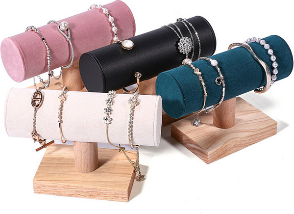 TREACHI Vintage Schmuckdisplay aus Holz in T-Form mit pinkem Samt für Armbänder, Uhren und Fußkettchen