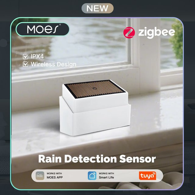 MOES ZigBee Regen- und Wasserlecksensor, kabelloser Überschwemmungsdetektor für den Außenbereich, IPX4 wasserdicht, Farbe: Weiß - Bild 1