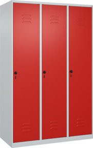C+P Spind Classic PLUS Spind mit 3 Abteilen in Lichtgrau und Verkehrsrot, H: 185 cm, B: 120 cm, T: 50 cm, mit Sicherheits-Drehriegel und 4 Garderobenhaken - Bild 1