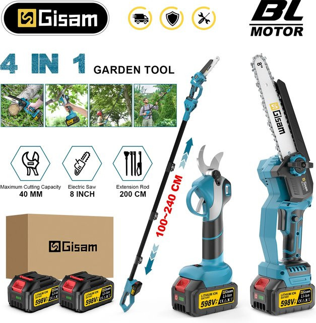 Gisam 4-in-1 Bürstenlose Teleskop-Elektrokettensäge und Hochastschere für Makita 18V Akku, Blau - Bild 1