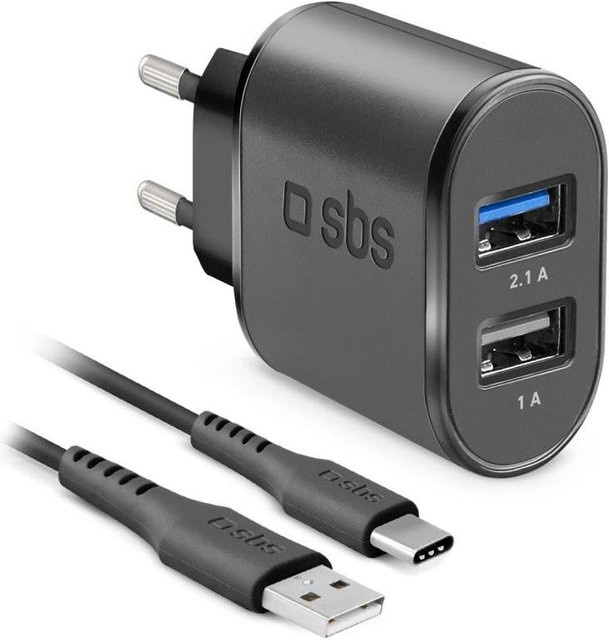 SBS USB-Reiseladeset mit USB-C-Kabel und USB-A, 2.1A, Schwarz - Bild 1