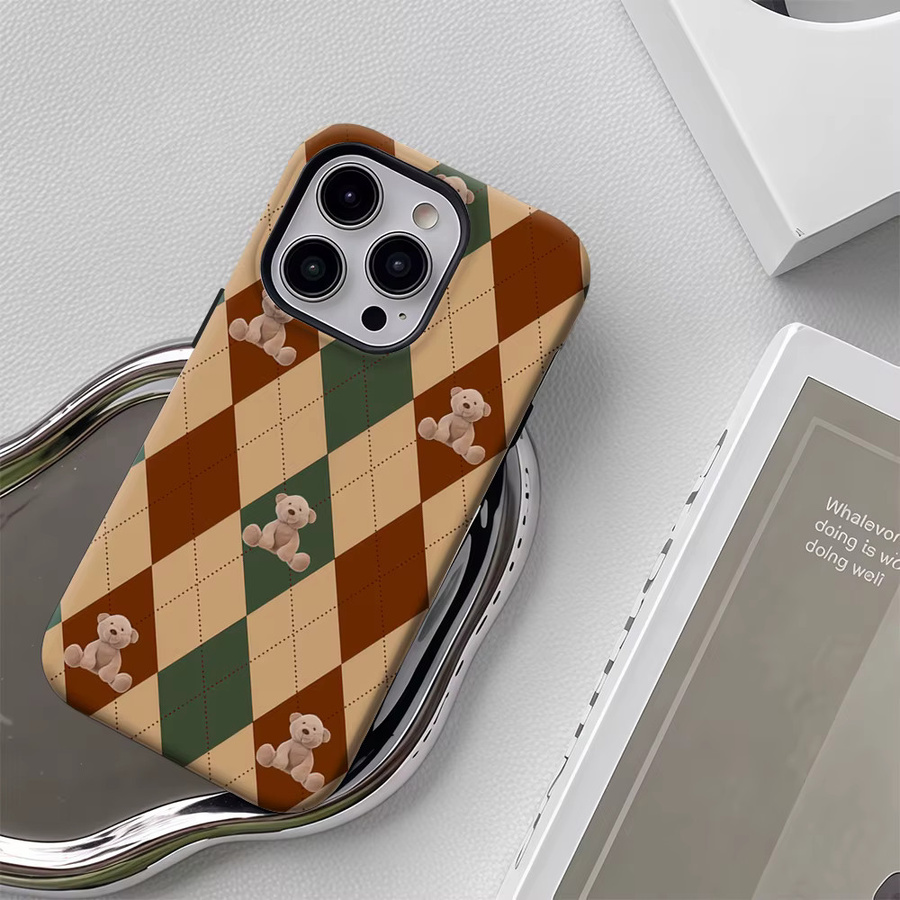 Handyhülle mit Argyle-Muster und Teddybären für iPhone 17 16 15 14 13 12 Pro Max Plus, doppelschichtige Rückseite, Multicolour - Bild 5