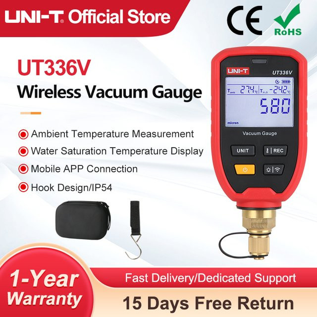 UNI-T Kabelloses digitales Vakuummessgerät UT336V in Rot mit Mobile APP-Verbindung für die HVAC-Kältetechnik (1-19000 Mikron) - Bild 1
