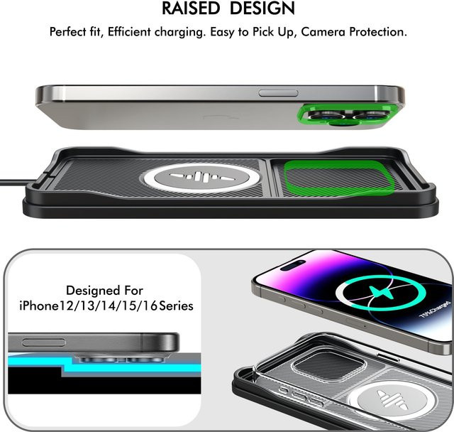 TIMESS Silikon Auto Wireless Ladegerät Schwarz – Rutschfeste Induktions-Schnellladeunterlage für iPhone 16/15/14/13/12 Serie und Samsung - Bild 1