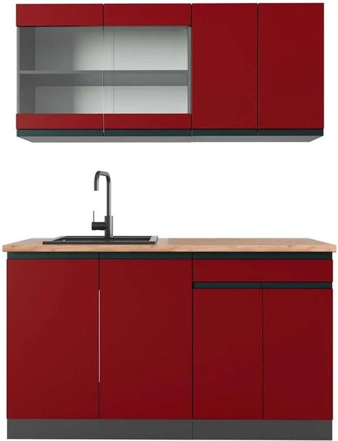 Vicco R-Line Singleküche modern in Rot/Anthrazit mit Eiche-Optik, Breite: 140 cm - Bild 1