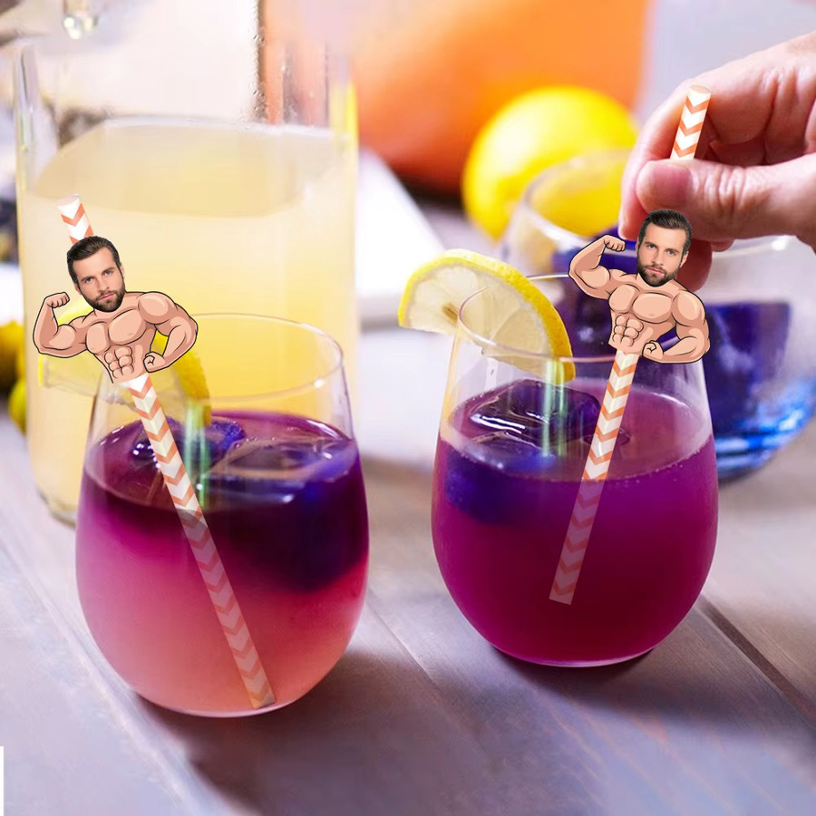Personalisierte Papier Strohhalme mit individuellem Muscle Man Gesicht Motiv von WEIGAO in Mehrfarbig, 6 Stück - Bild 2