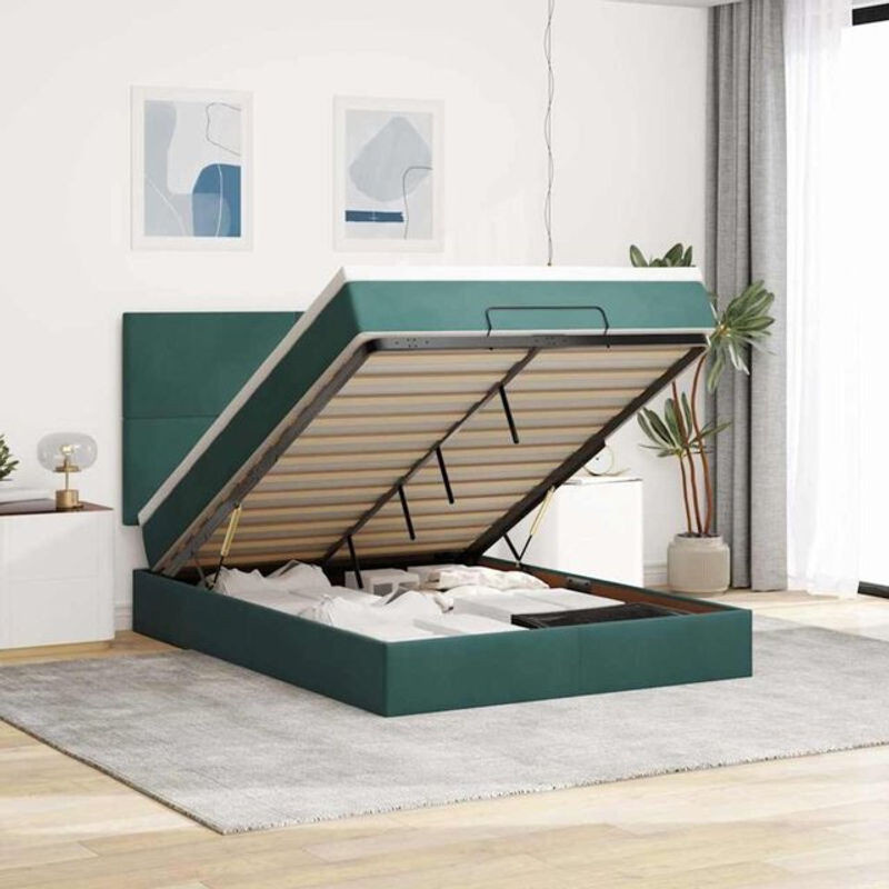 vidaxl Ottoman Polsterbett mit Matratze und LED in Dunkelgrün aus Samt, B/T/H: 140 x 190 x 128 cm - Bild 1