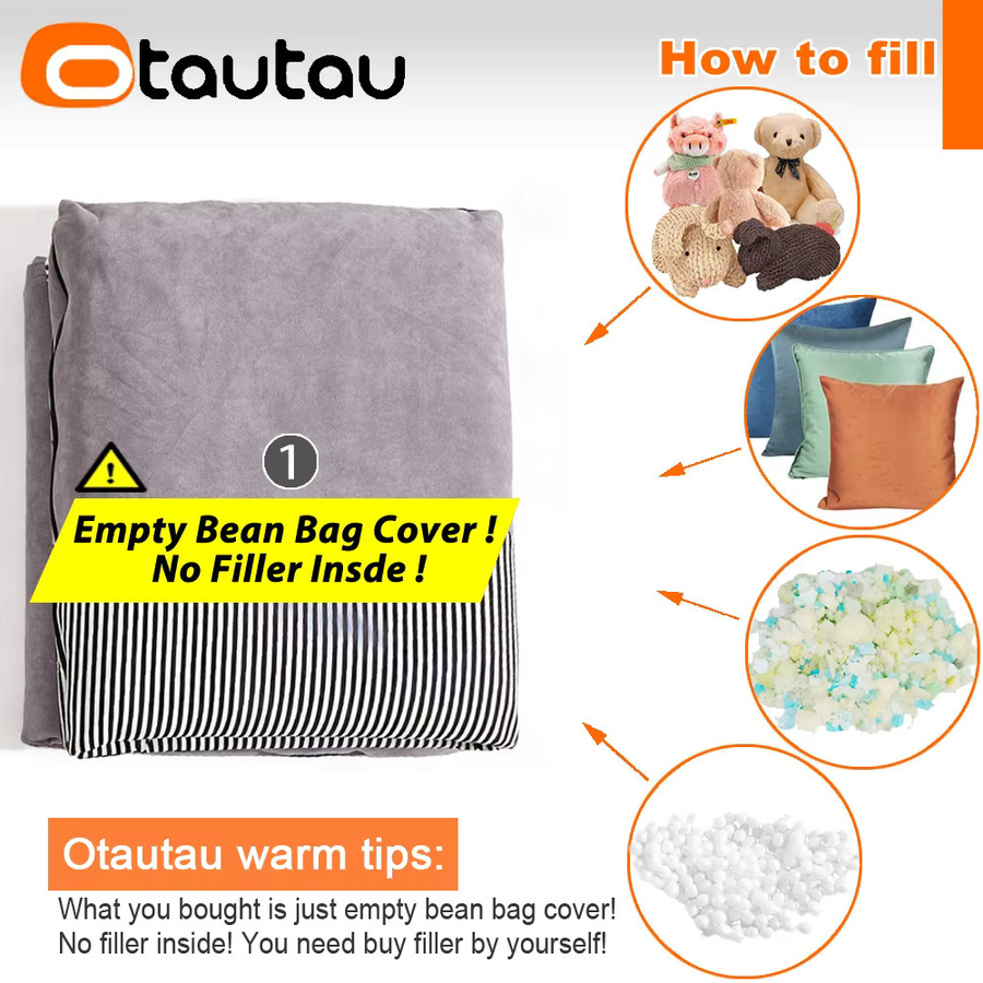 OTAUTAU Sitzsack-Bezug aus weichem Milch-Samt in Grau mit Streifen-Design, Loungesessel-Ersatzbezug für Kinder, B/H/T: 120 x 120 x 70 cm - Bild 2