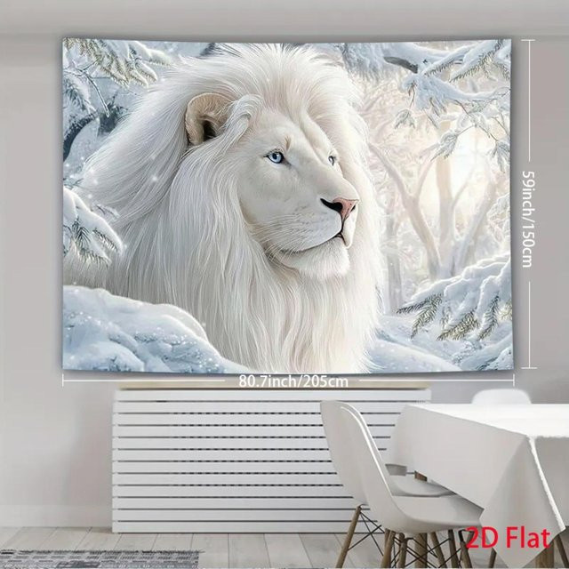 Wandteppich mit weißem Löwen in Winterlandschaft von JMG Household Supplies, Blauäugiger Löwe im verschneiten Wald, Boho-Wohnkultur für dein Wohnzimmer, Breite: 130 cm, Höhe: 150 cm - Bild 1