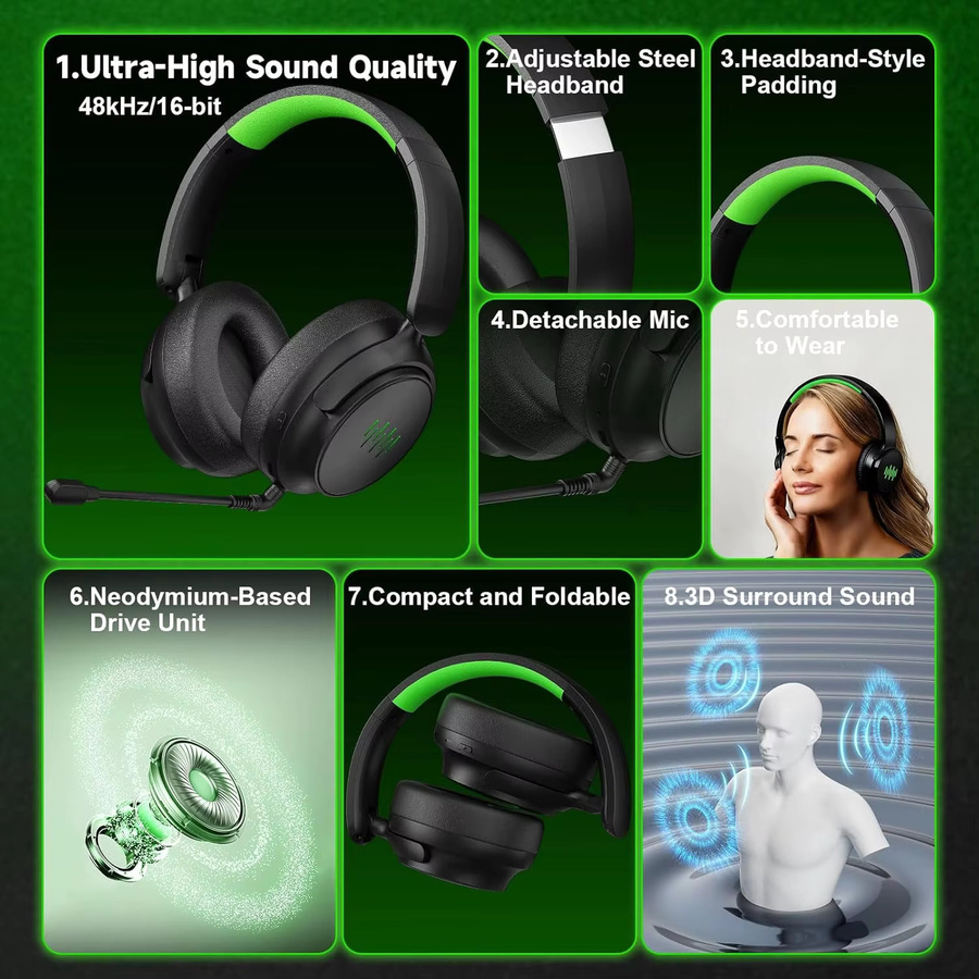 Bonadget Kabelloses Gaming-Headset mit 3D-Surround-Sound und Game/Chat-Audio-Balance in Schwarz für Xbox, PlayStation, PC und Nintendo Switch - Bild 3