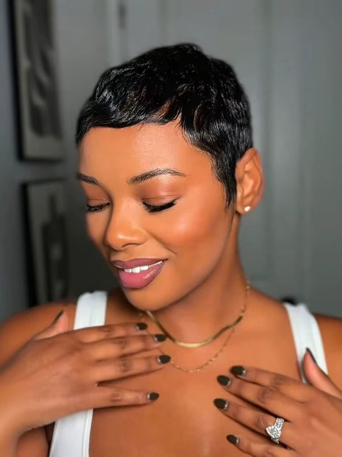 OYM HAIR Perücke Pixie-Schnitt, geschichtet, schwarz, Damen, Echthaar - Bild 5
